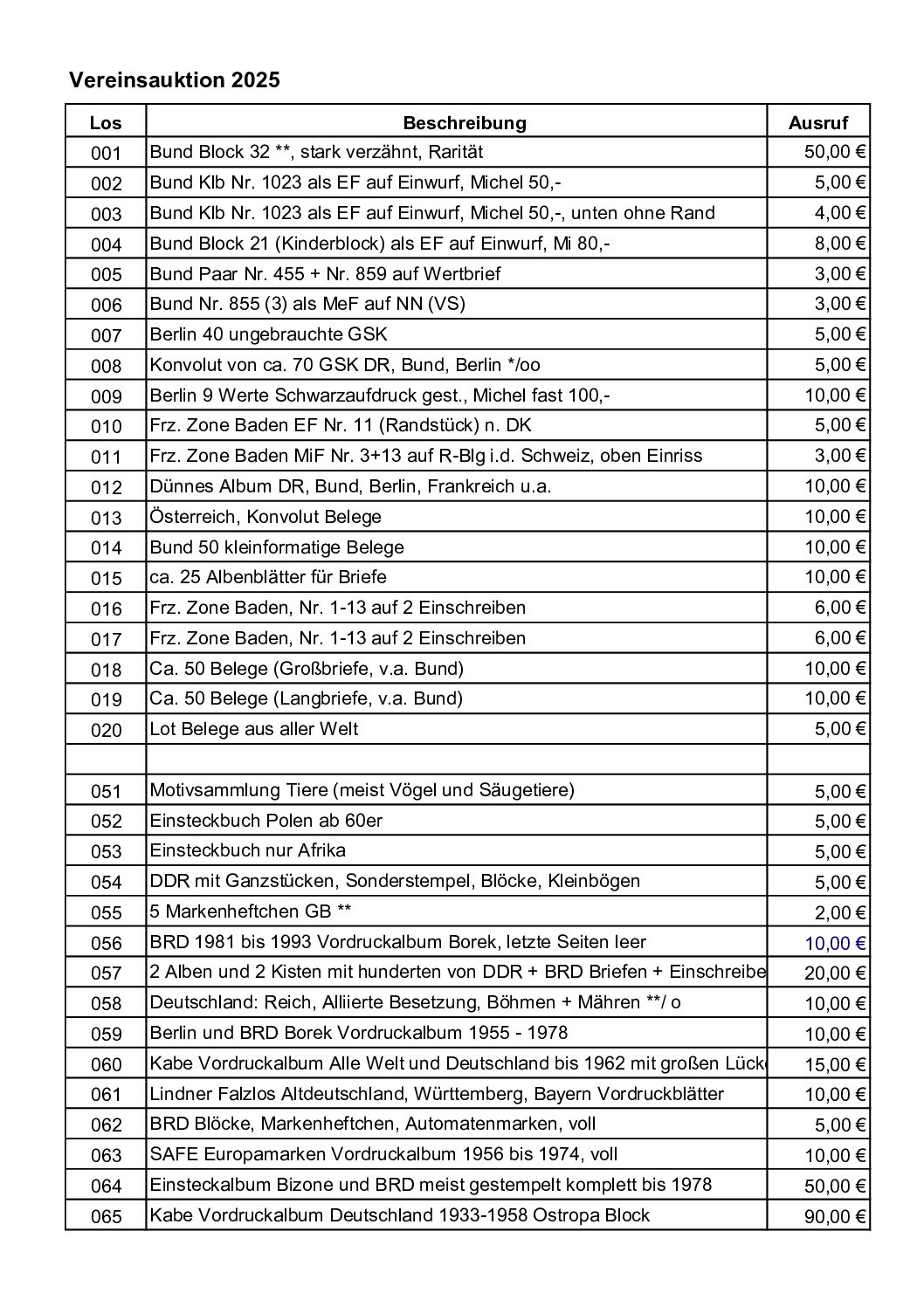 Auktionskatalog der Vereinsauktion 2025